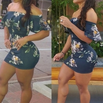 Fashion Sexy Flower Printed Ruffle Off-shoulder Bodycon Dress