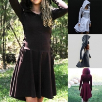 Fashion Solid Color Hollow Out Long Sleeve Irregular Hemline Hoodie Dress