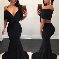 Fashion Sexy Solid Color Backless Evening Maxi Dress