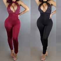Fashion Sexy Solid Color Sleeveless Hot Fix Rhinestone Sheath Jumpsuits