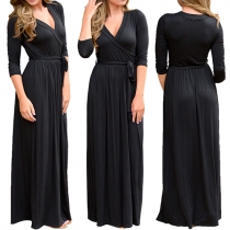 Fashion Sexy Solid Color Long Sleeve Deep V-neeck Maxi Dress