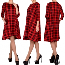 Fashion Casual Lattice Printed Round Neck 3/4 Sleeve Swing Dress