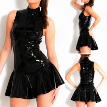 Fashion Sexy Patent Leather Sleeveless Front Zipper Bodycon Dress