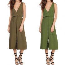 Fashion Casual Sexy Solid Color Sleeveless Deep V-neck Jumpsuits