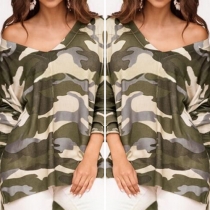Fashion Camouflage Printed Long Sleeve V-neck T-shirt