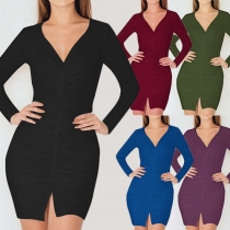 Sexy Deep V-neck Slit Hem Long Sleeve Solid Color Bodycon Dress