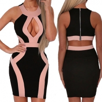 Sexy Hollow Out High Waist Sleeveless Contrast Color Bandage Dress