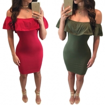 Sexy Ruffle Boat Neck Solid Color Slim Fit Dress