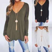 Casual Style Long Sleeve V-neck Solid Color Loose T-shirt
