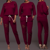 Fashion 3/4 Sleeve Ripped Top + Ripped Pants Two-piece Set