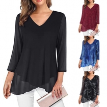 Fashion Long Sleeve Round Neck Irregular Chiffon Spliced Hem T-shirt
