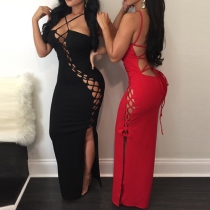 Sexy Backless Hollow Out Slit Hem Solid Color Maxi Dress