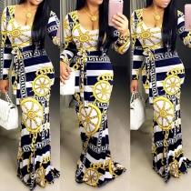 Fashion Long Sleeve Round Neck Printed Maxi Dress