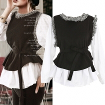 Fashion Long Sleeve Round Neck Lace-up Mock Two-piece Blouse