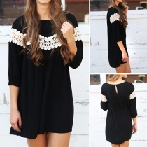 Fashion 3/4 Sleeve Round Neck Lace Spliced Loose Dress