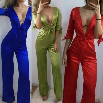 Sexy Deep V-neck Half Sleeve High Waist Solid Color Jumpsuits