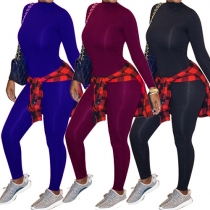 Fashion Solid Color Long Sleeve Mock Neck High Waist Tight Jumpsuit