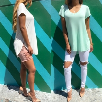 Fashion Solid Color Short Sleeve V-neck High-low Hem T-shirt