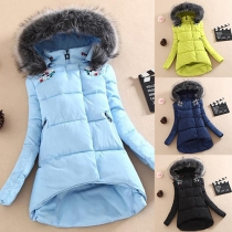 Fashion Solid Color Faux Fur Hooded High-low Hem Padded Coat