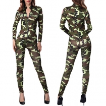 Sexy Deep V-neck Long Sleeve Camouflage Printed Jumpsuits