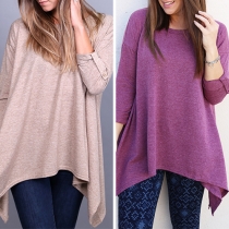 Fashion Solid Color Long Sleeve Round Neck Irregular Hem T-shirt