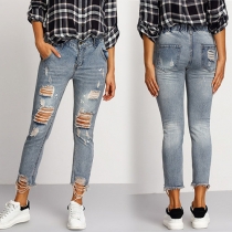 Distressed Style High Waist Slim Fit Ripped Jeans