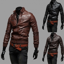 Fashion Solid Color Long Sleeve Men's PU Leather Jacket