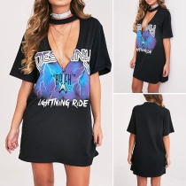 Sexy Deep V-neck Short Sleeve Lightning Printed Dress