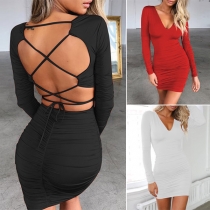 Sexy Backless Long Sleeve Round Neck Bodycon Dress