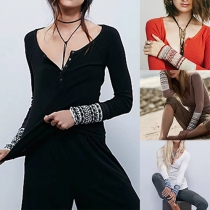 Ethnic Style Printed Spliced Long Sleeve Round Neck Knit Tops