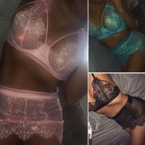 Sexy See-through Gauze Spliced Hollow Out Lace Bra Set