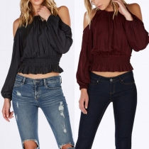 Sexy Off-shoulder Long Sleeve Round Neck Solid Color Blouse