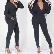 Sexy Deep V-neck Long Sleeve High Waist Solid Color Jumpsuits