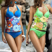 Sexy Backless Printed Halter Bikini Set