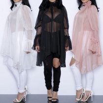 Fashion Ruffle Stand Collar Lace Spliced Long Sleeve Irregular Hem Chiffon Smock