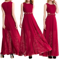 Elegant Solid Color Sleeveless Round Neck Hollow Out High Waist Maxi Dress