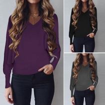 Fashion Solid Color Dolman Sleeve V-neck Knit Top