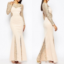 Sexy Hollow Out Lace Spliced Long Sleeve Round Neck Evening Dress