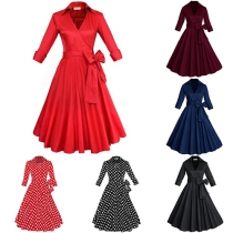 Retro Solid Color 3/4 Sleeve V-neck High Waist Dress
