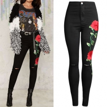 Fashion High Waist Embroidered Ripped Jeans