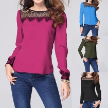 Fashion Lace Spliced Long Sleeve Round Neck Chiffon Top