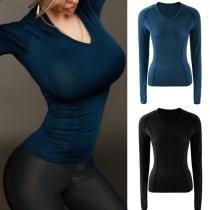 Fashion Solid Color Long Sleeve V-neck Elastic Sports T-shirt