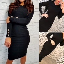 Fashion Solid Color Long Sleeve Round Neck Slim Fit Knit Dress