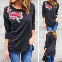 Fashion Long Sleeve Round Neck Embroidered T-shirt