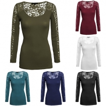 Sexy Lace Spliced Long Sleeve Round Neck Solid Color T-shirt