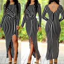 Sexy Backless Slit Hem Long Sleeve Striped Maxi Dress