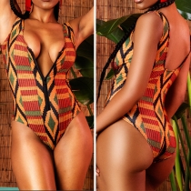 Sexy Deep V-neck Printed One-piece Swimsuit