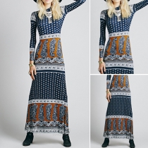 Bohemian Style Long Sleeve Mock Neck Printed Maxi Dress