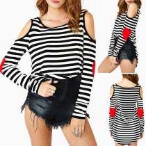 Sexy Off-shoulder Long Sleeve Round Neck Striped T-shirt