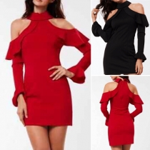 Sexy Off-shoulder Lotus Sleeve Solid Color Party Dress
